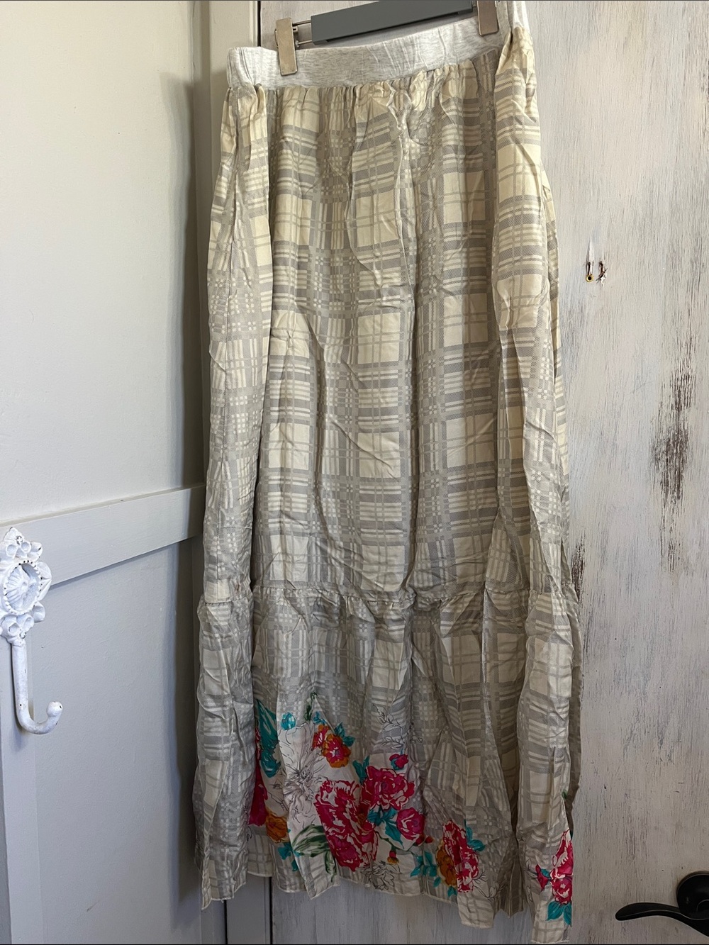 Johnny Was 100% silk plaid floral maxi boho skirt Sz Large